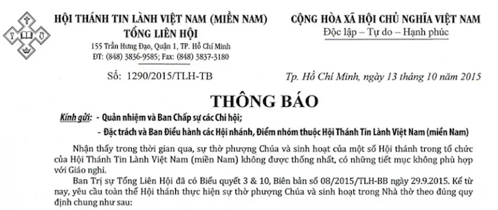 Thông Báo Mới Về Thờ Phượng - Tổng Liên Hội HTTLVN (MN)